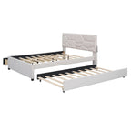 Letto a piattaforma matrimoniale in lino con testiera a motivo mattone, letto estraibile e cassetti contenitore, beige