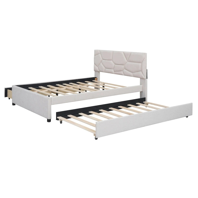 Letto a piattaforma matrimoniale in lino con testiera a motivo mattone, letto estraibile e cassetti contenitore, beige