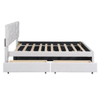 Letto a piattaforma matrimoniale in lino con testiera a motivo mattone, letto estraibile e cassetti contenitore, beige