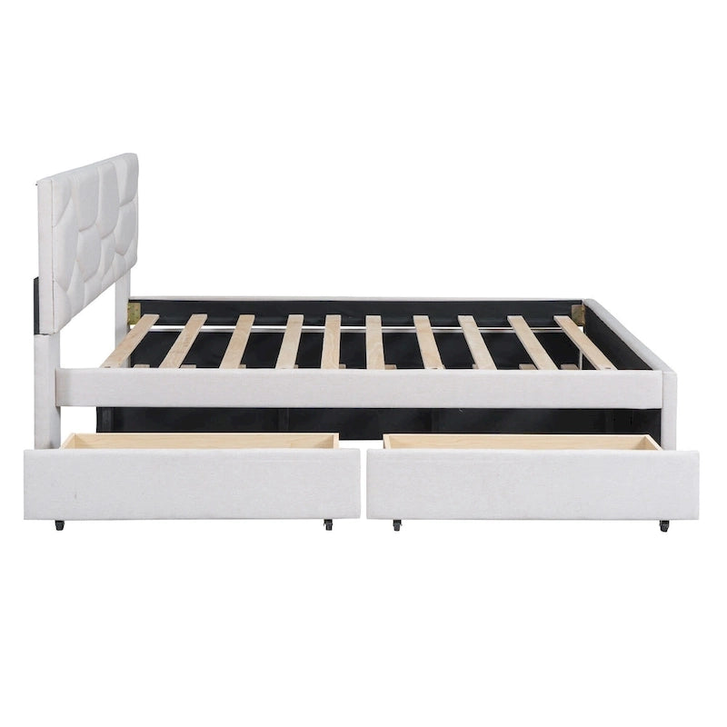 Letto a piattaforma matrimoniale in lino con testiera a motivo mattone, letto estraibile e cassetti contenitore, beige