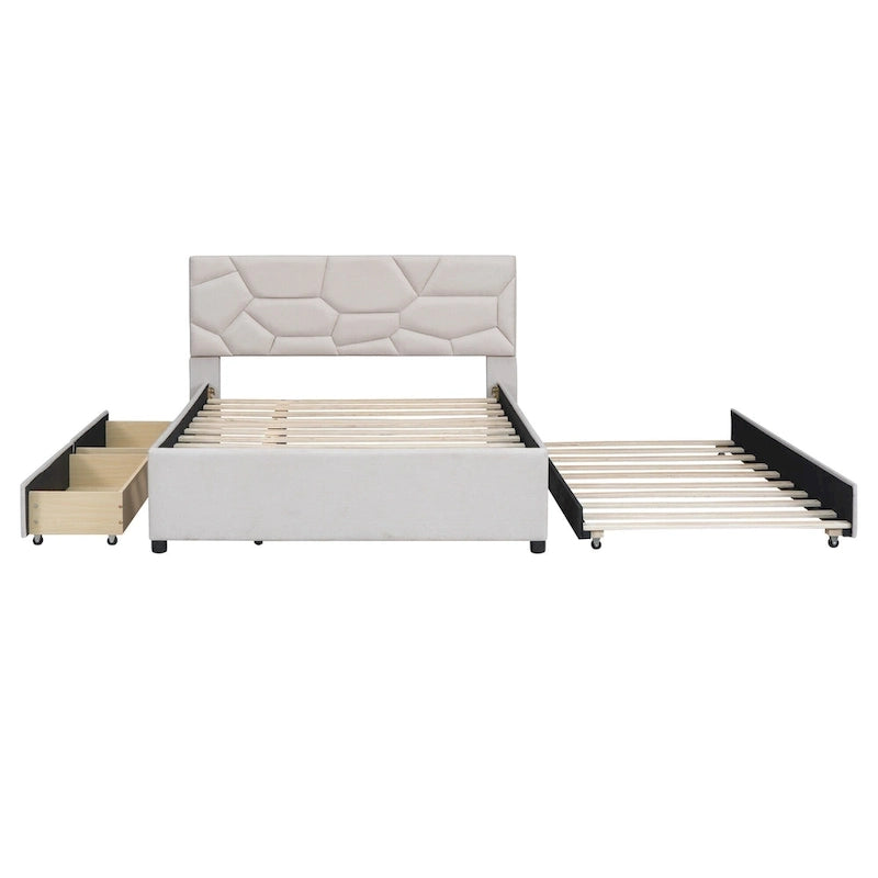 Letto a piattaforma matrimoniale in lino con testiera a motivo mattone, letto estraibile e cassetti contenitore, beige