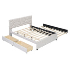 Letto a piattaforma matrimoniale in lino con testiera a motivo mattone, letto estraibile e cassetti contenitore, beige
