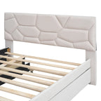 Letto a piattaforma matrimoniale in lino con testiera a motivo mattone, letto estraibile e cassetti contenitore, beige