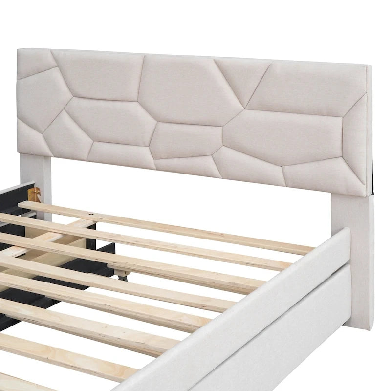 Letto a piattaforma matrimoniale in lino con testiera a motivo mattone, letto estraibile e cassetti contenitore, beige
