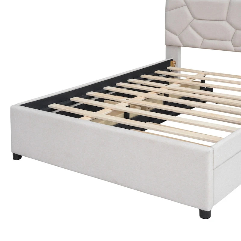 Letto a piattaforma matrimoniale in lino con testiera a motivo mattone, letto estraibile e cassetti contenitore, beige