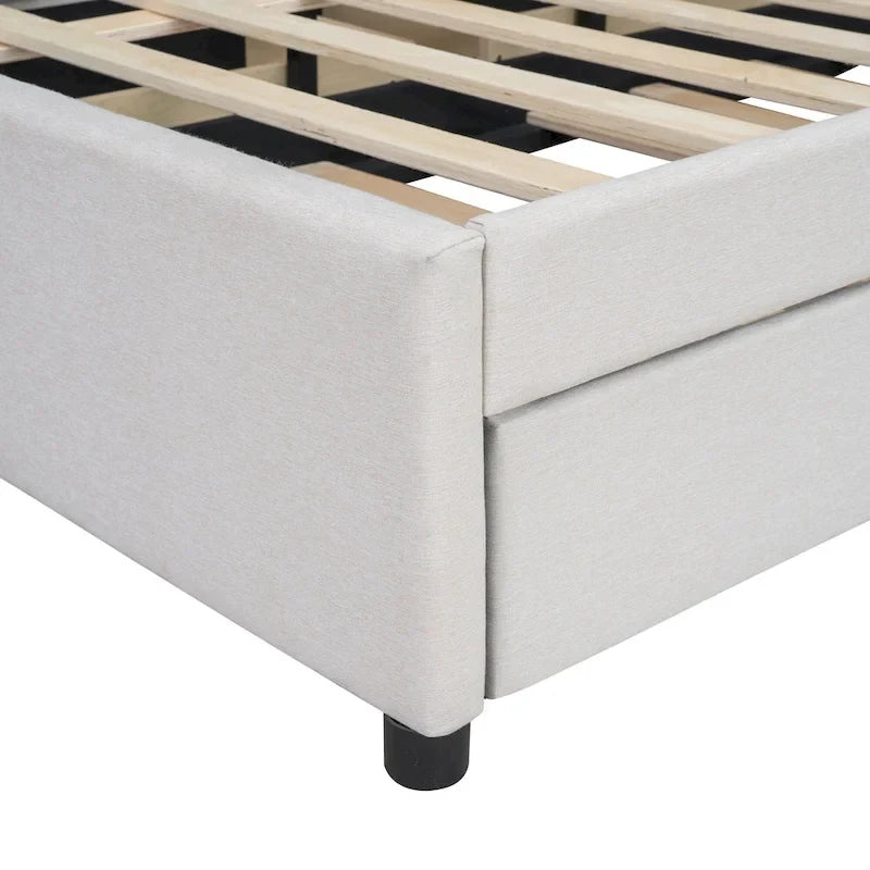 Letto a piattaforma matrimoniale in lino con testiera a motivo mattone, letto estraibile e cassetti contenitore, beige