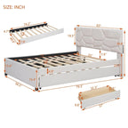 Letto a piattaforma matrimoniale in lino con testiera a motivo mattone, letto estraibile e cassetti contenitore, beige