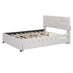 Letto a piattaforma matrimoniale in lino con testiera a motivo mattone, letto estraibile e cassetti contenitore, beige