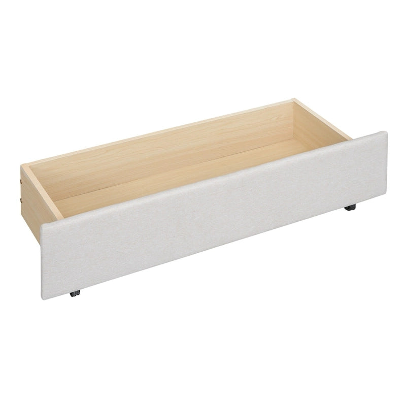 Letto a piattaforma matrimoniale in lino con testiera a motivo mattone, letto estraibile e cassetti contenitore, beige