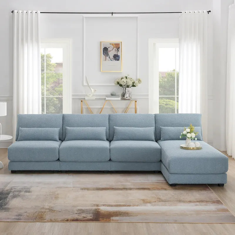 Divano sezionale a L a 4 posti blu da 120", divano moderno in tessuto per soggiorno con chaise longue