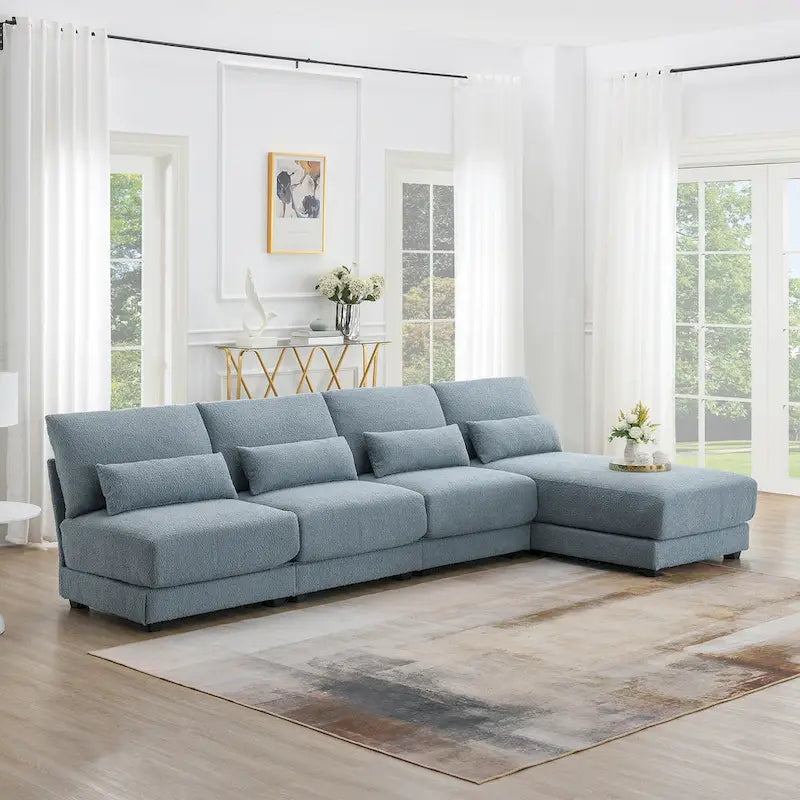Divano sezionale a L a 4 posti blu da 120", divano moderno in tessuto per soggiorno con chaise longue
