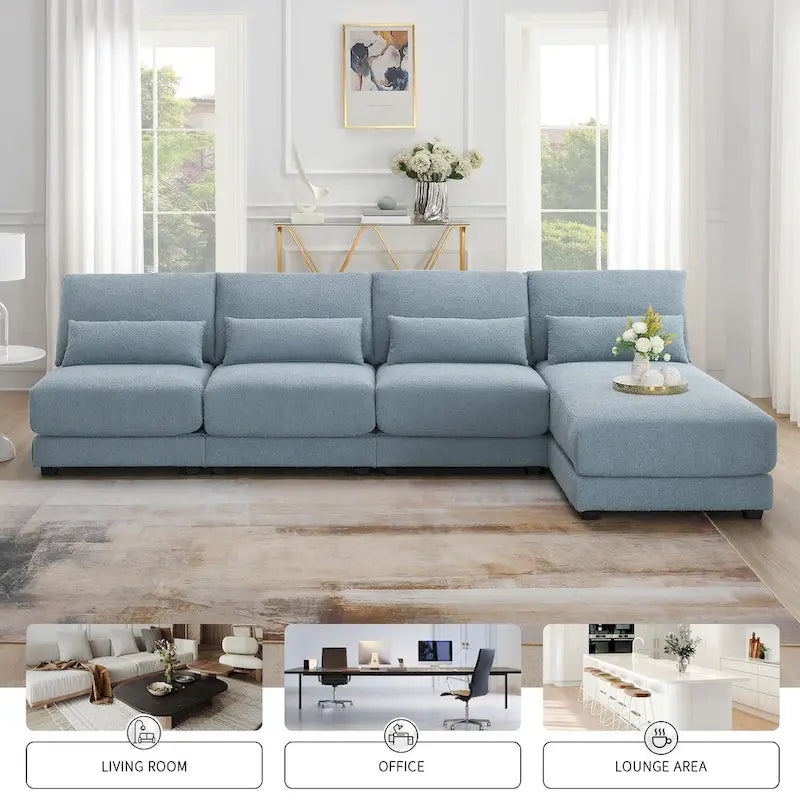 Divano sezionale a L a 4 posti blu da 120", divano moderno in tessuto per soggiorno con chaise longue