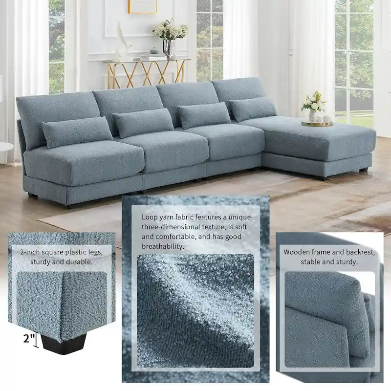Divano sezionale a L a 4 posti blu da 120", divano moderno in tessuto per soggiorno con chaise longue