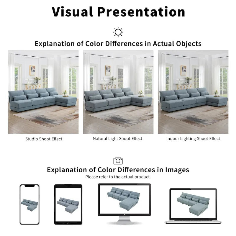 Divano sezionale a L a 4 posti blu da 120", divano moderno in tessuto per soggiorno con chaise longue