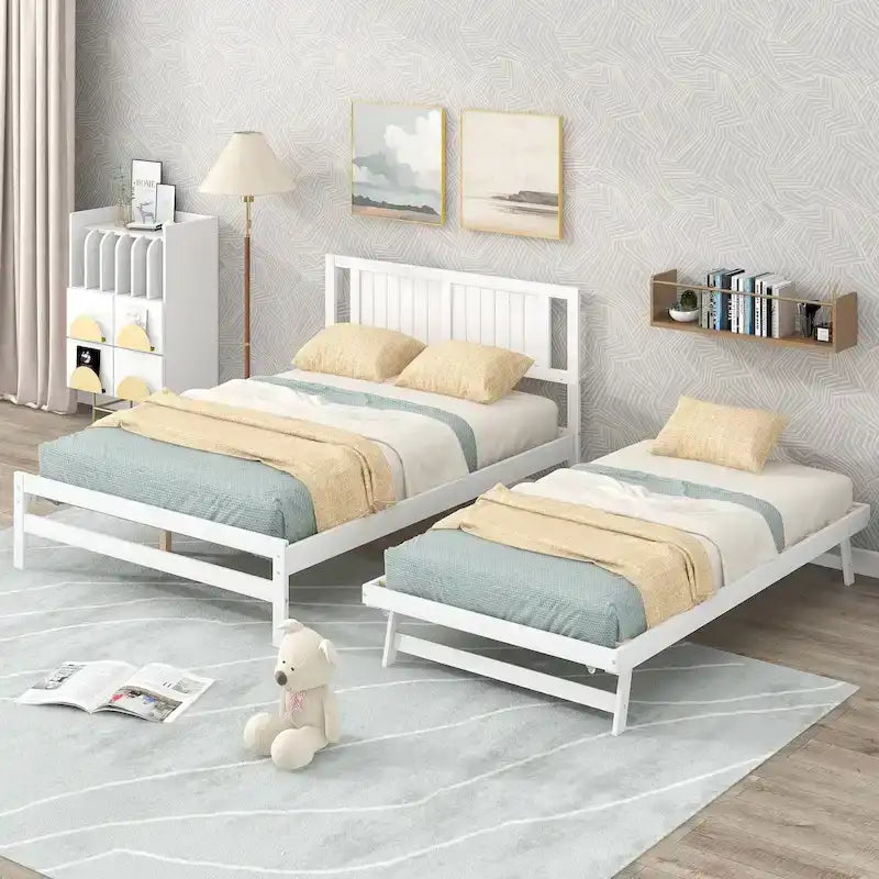 Letto a piattaforma in legno di pino a grandezza naturale con letto estraibile regolabile, struttura del letto moderna in legno massello