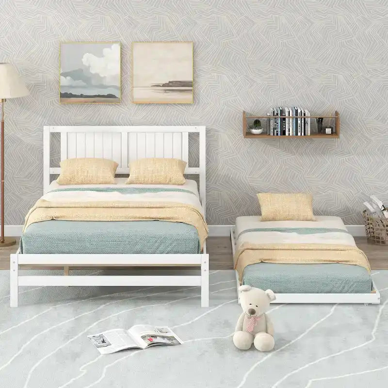 Letto a piattaforma in legno di pino a grandezza naturale con letto estraibile regolabile, struttura del letto moderna in legno massello