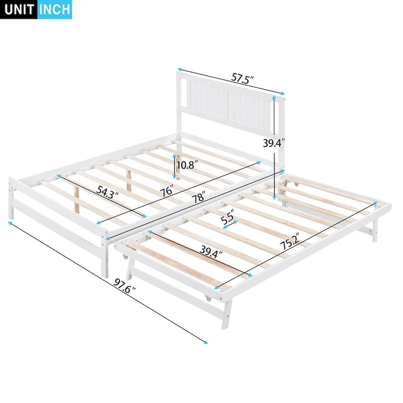 Letto a piattaforma in legno di pino a grandezza naturale con letto estraibile regolabile, struttura del letto moderna in legno massello