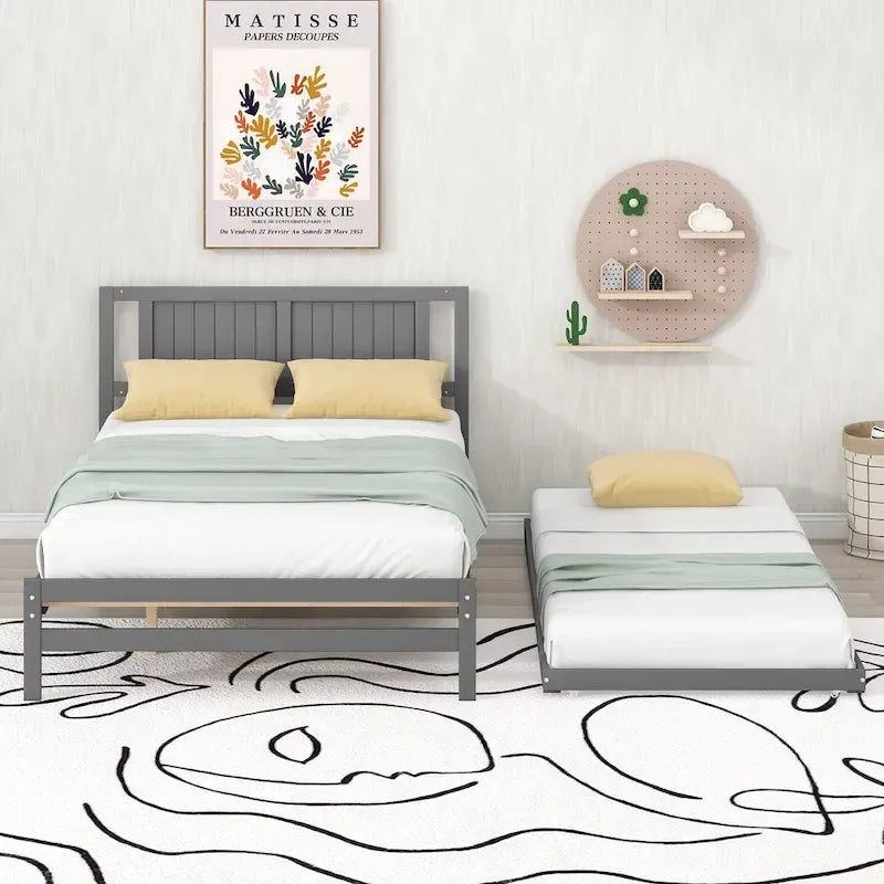 Letto a piattaforma in legno di pino a grandezza naturale con letto estraibile regolabile, struttura del letto moderna in legno massello