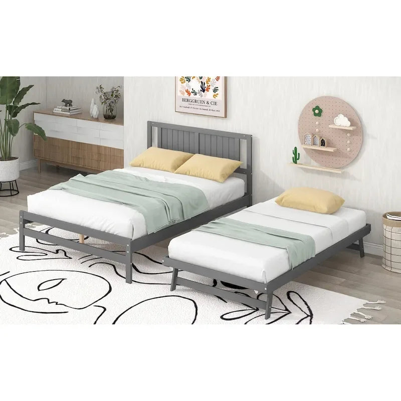 Letto a piattaforma in legno di pino a grandezza naturale con letto estraibile regolabile, struttura del letto moderna in legno massello