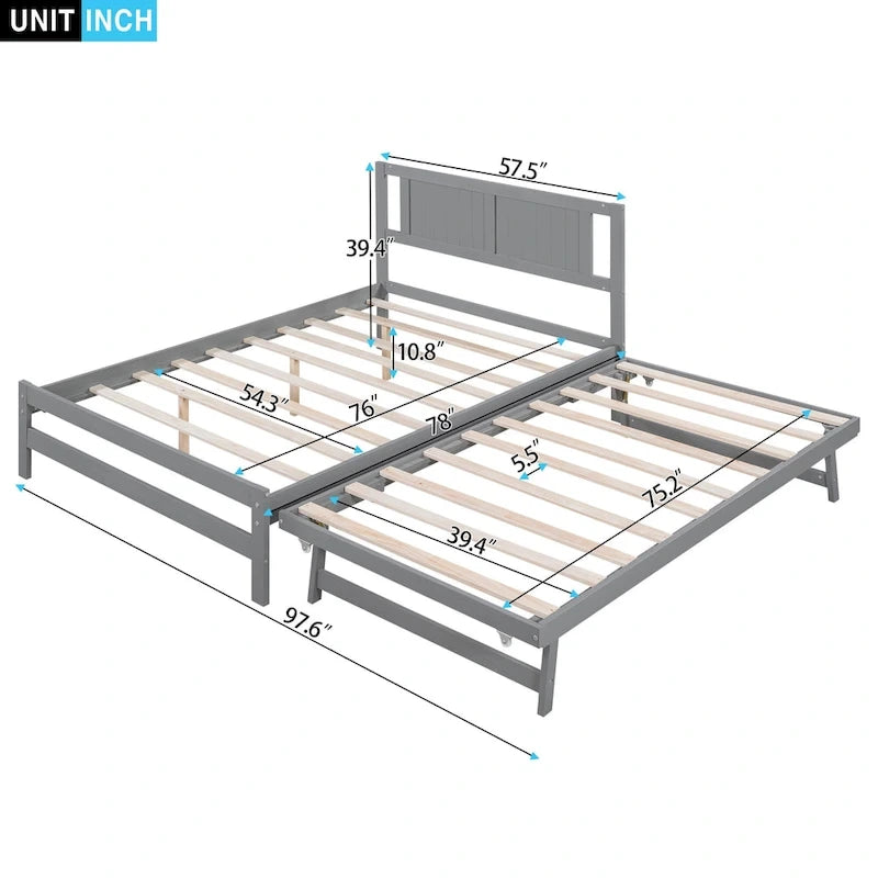 Letto a piattaforma in legno di pino a grandezza naturale con letto estraibile regolabile, struttura del letto moderna in legno massello