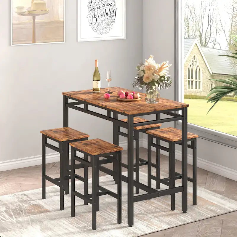 Set da pranzo da 5 pezzi in stile rustico con tavolo rettangolare e 4 sgabelli alti