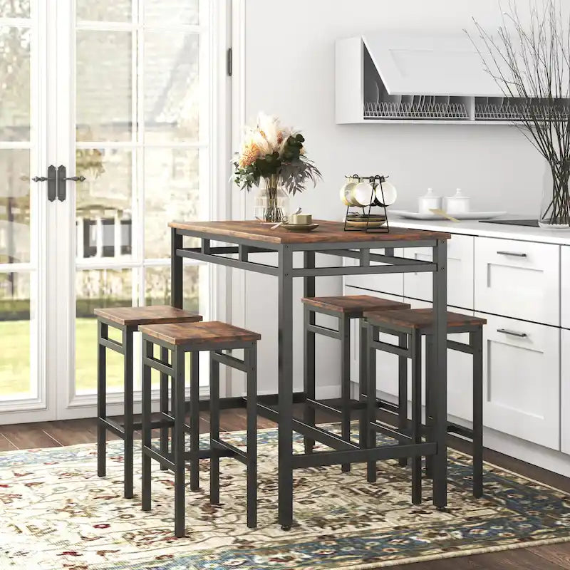 Set da pranzo da 5 pezzi in stile rustico con tavolo rettangolare e 4 sgabelli alti