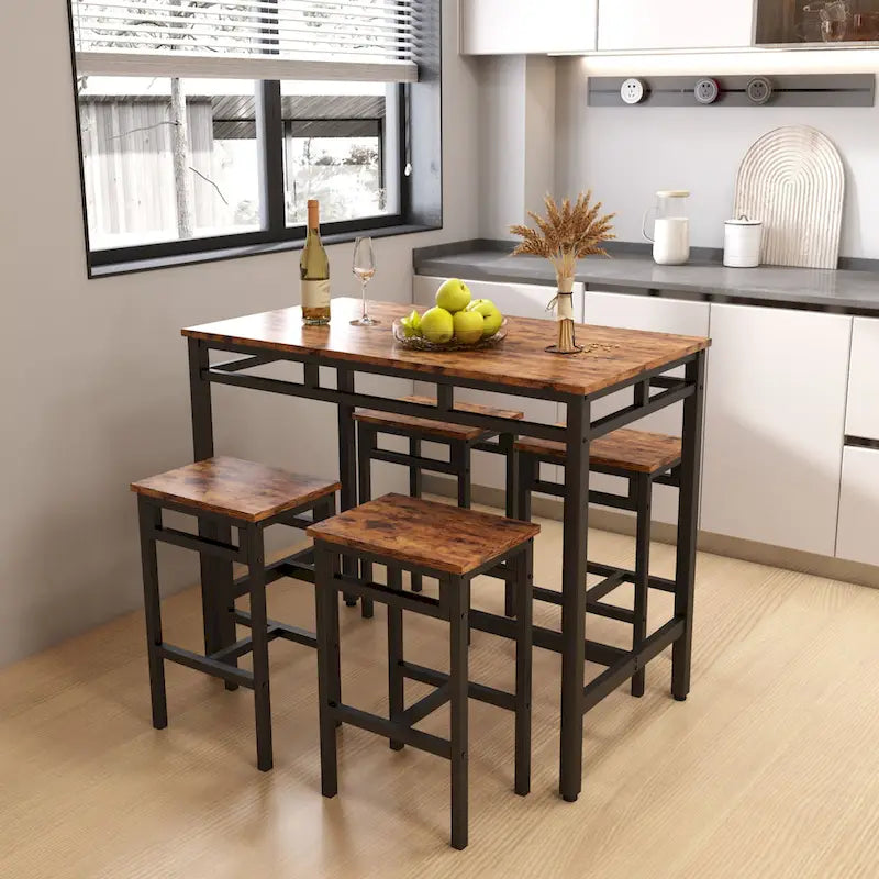 Set da pranzo da 5 pezzi in stile rustico con tavolo rettangolare e 4 sgabelli alti