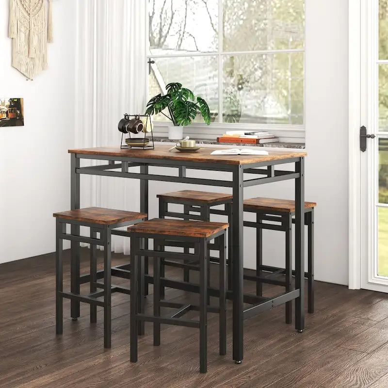Set da pranzo da 5 pezzi in stile rustico con tavolo rettangolare e 4 sgabelli alti
