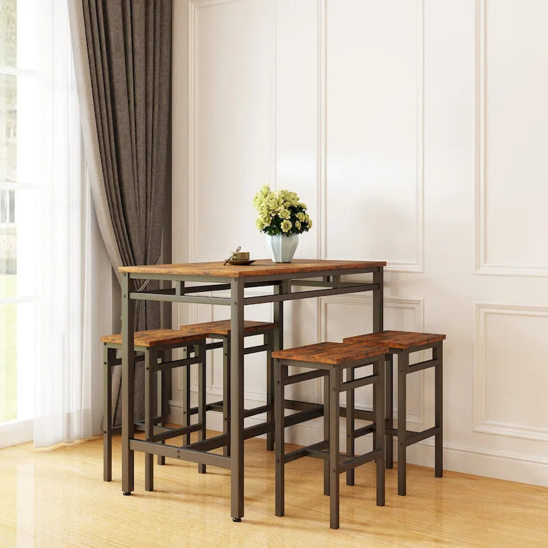 Set da pranzo da 5 pezzi in stile rustico con tavolo rettangolare e 4 sgabelli alti