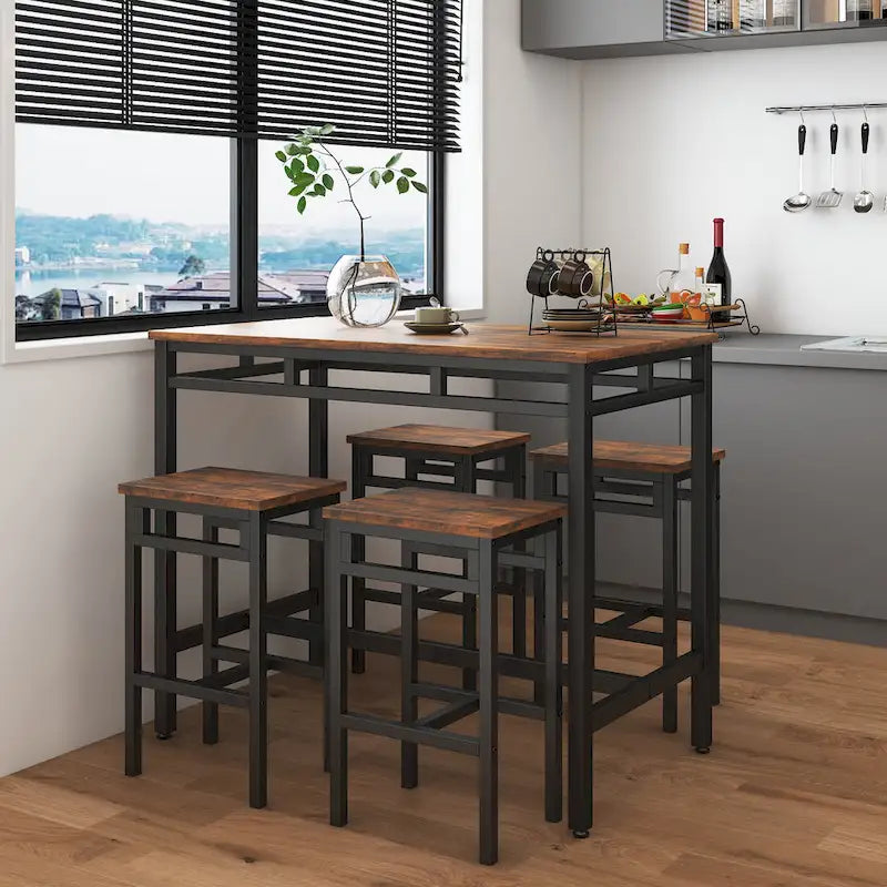 Set da pranzo da 5 pezzi in stile rustico con tavolo rettangolare e 4 sgabelli alti
