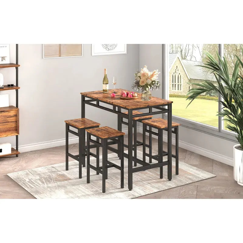 Set da pranzo da 5 pezzi in stile rustico con tavolo rettangolare e 4 sgabelli alti