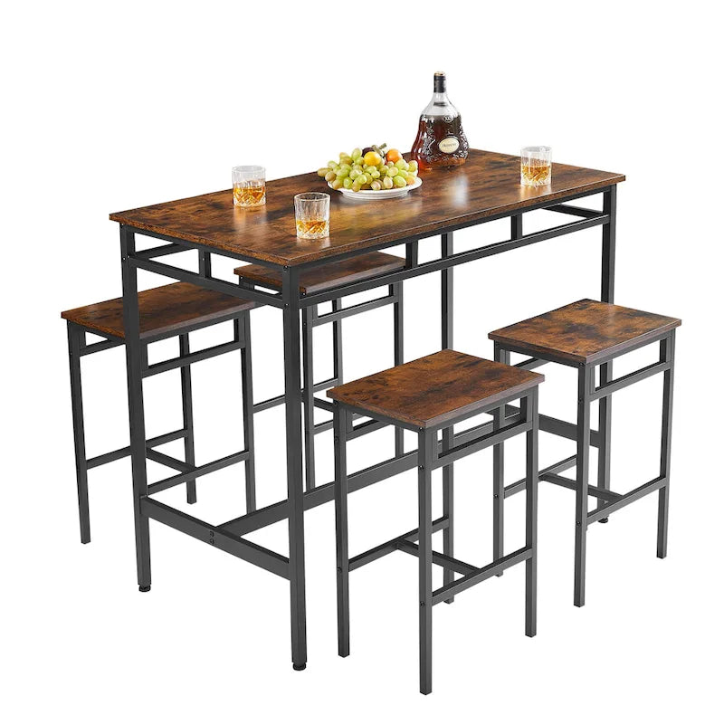 Set da pranzo da 5 pezzi in stile rustico con tavolo rettangolare e 4 sgabelli alti