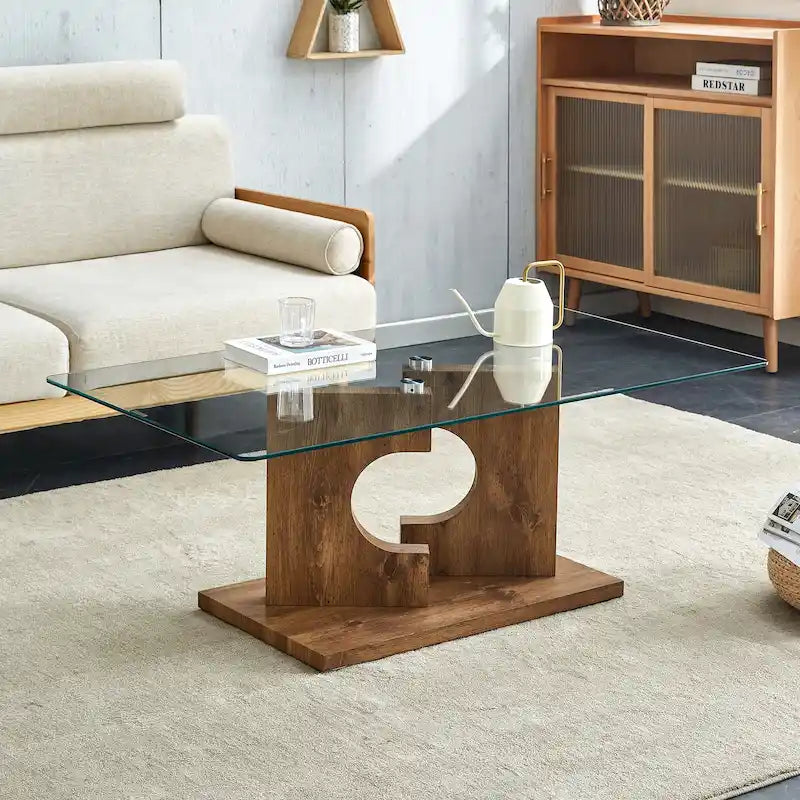 Tavolino da caffè moderno rettangolare da 47,2" con piano in vetro temperato e gambe in MDF