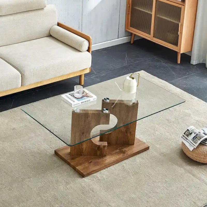 Tavolino da caffè moderno rettangolare da 47,2" con piano in vetro temperato e gambe in MDF