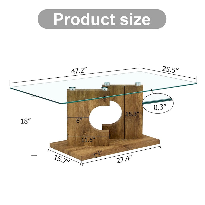 Tavolino da caffè moderno rettangolare da 47,2" con piano in vetro temperato e gambe in MDF