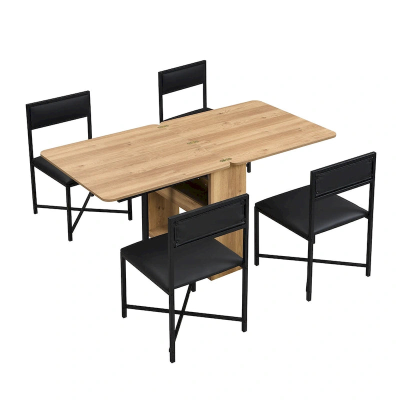 Set Tavolo da Pranzo Estensibile 5 Pezzi per 4 Persone – Tavolo Pieghevole da 80 a 160 cm, Sedie in Ecopelle, Salvaspazio