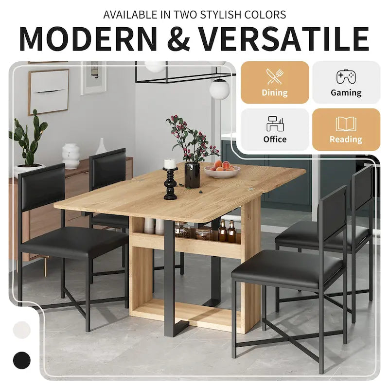 Set Tavolo da Pranzo Estensibile 5 Pezzi per 4 Persone – Tavolo Pieghevole da 80 a 160 cm, Sedie in Ecopelle, Salvaspazio