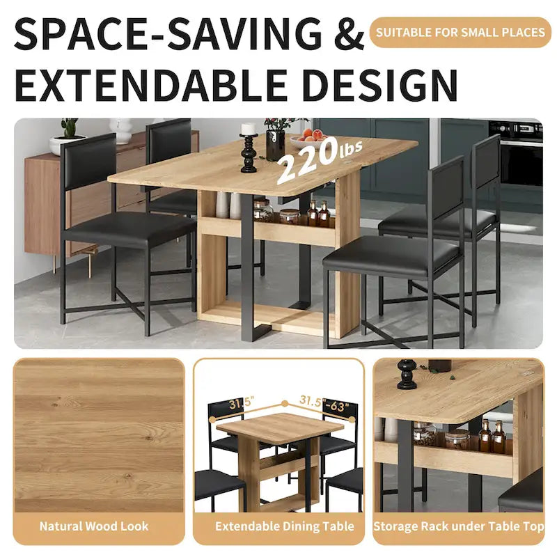 Set Tavolo da Pranzo Estensibile 5 Pezzi per 4 Persone – Tavolo Pieghevole da 80 a 160 cm, Sedie in Ecopelle, Salvaspazio