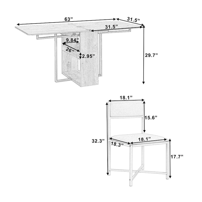 Set Tavolo da Pranzo Estensibile 5 Pezzi per 4 Persone – Tavolo Pieghevole da 80 a 160 cm, Sedie in Ecopelle, Salvaspazio