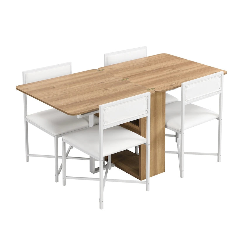 Set Tavolo da Pranzo Estensibile 5 Pezzi per 4 Persone – Tavolo Pieghevole da 80 a 160 cm, Sedie in Ecopelle, Salvaspazio