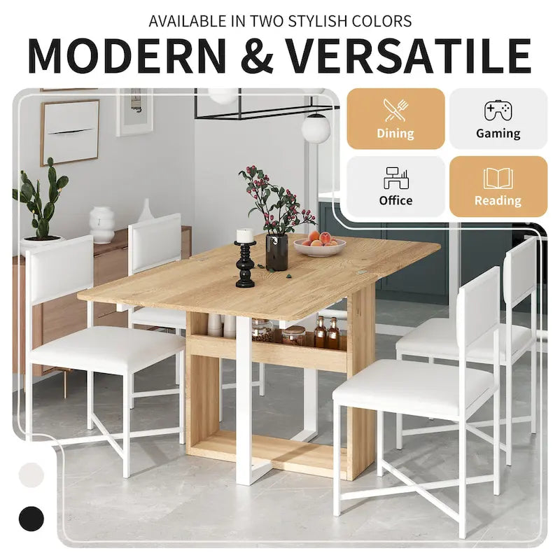 Set Tavolo da Pranzo Estensibile 5 Pezzi per 4 Persone – Tavolo Pieghevole da 80 a 160 cm, Sedie in Ecopelle, Salvaspazio
