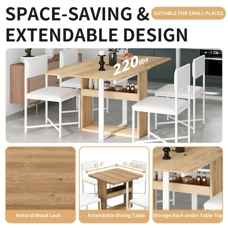 Set Tavolo da Pranzo Estensibile 5 Pezzi per 4 Persone – Tavolo Pieghevole da 80 a 160 cm, Sedie in Ecopelle, Salvaspazio