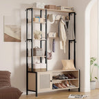 Javlergo Appendiabiti da Ingresso, Appendiabiti con Panca Contenitore per Scarpe, Appendiabiti da Ingresso 5 in 1 con 9 Ganci