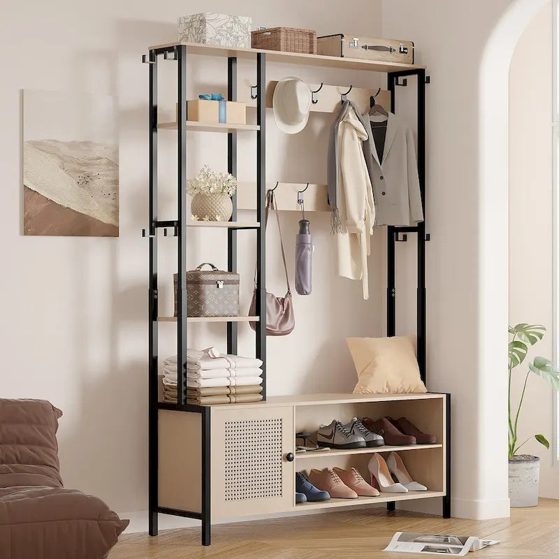 Javlergo Appendiabiti da Ingresso, Appendiabiti con Panca Contenitore per Scarpe, Appendiabiti da Ingresso 5 in 1 con 9 Ganci