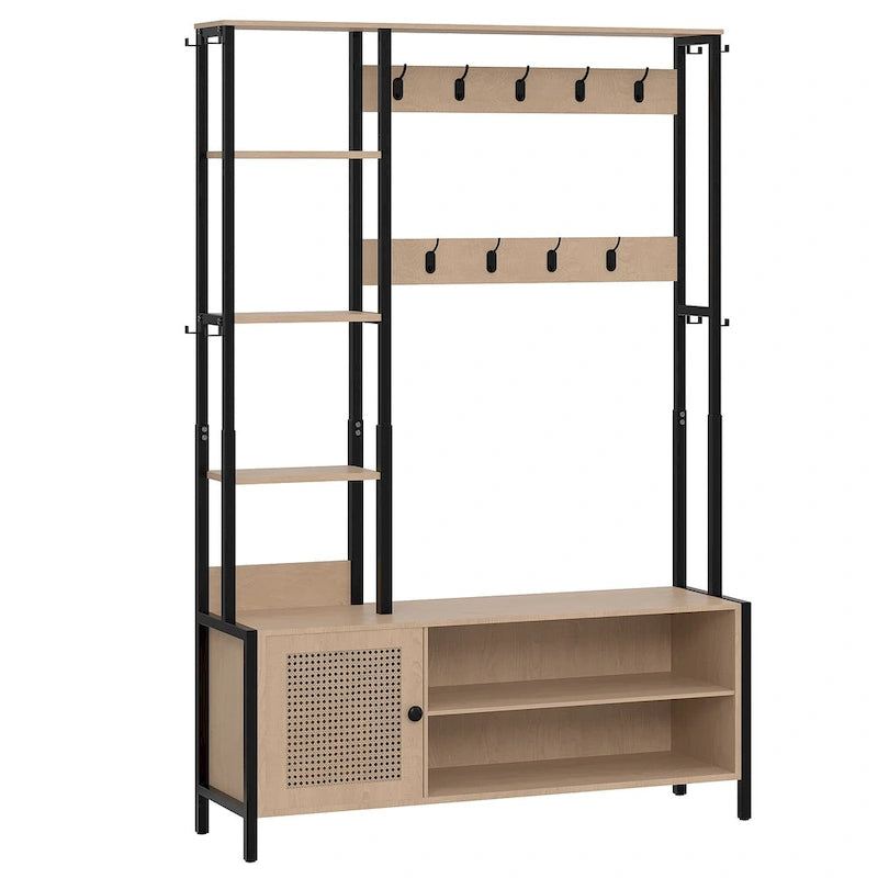 Javlergo Appendiabiti da Ingresso, Appendiabiti con Panca Contenitore per Scarpe, Appendiabiti da Ingresso 5 in 1 con 9 Ganci