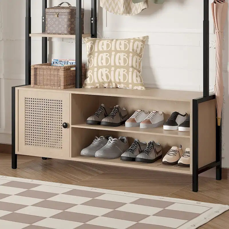 Javlergo Appendiabiti da Ingresso, Appendiabiti con Panca Contenitore per Scarpe, Appendiabiti da Ingresso 5 in 1 con 9 Ganci