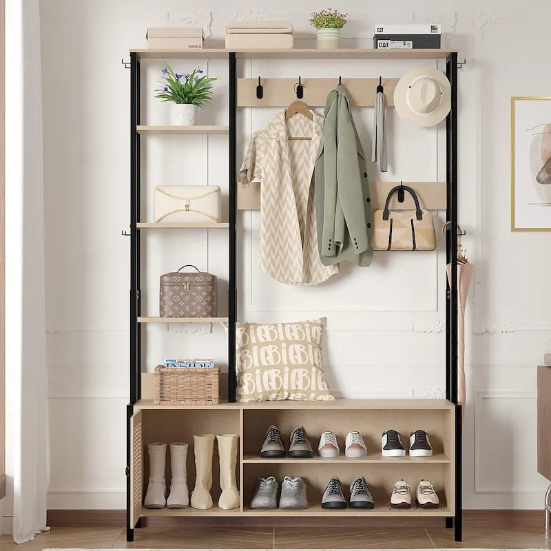 Javlergo Appendiabiti da Ingresso, Appendiabiti con Panca Contenitore per Scarpe, Appendiabiti da Ingresso 5 in 1 con 9 Ganci