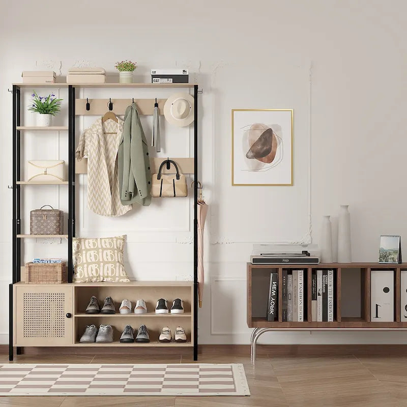 Javlergo Appendiabiti da Ingresso, Appendiabiti con Panca Contenitore per Scarpe, Appendiabiti da Ingresso 5 in 1 con 9 Ganci