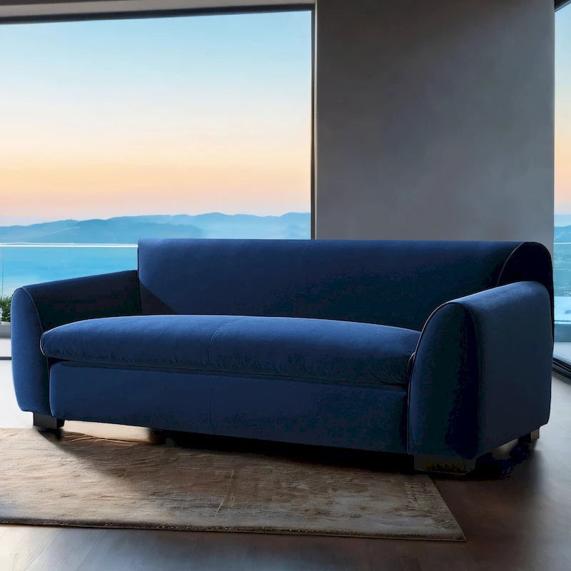 Divano moderno a panca con tessuto certificato OEKO-TEX, divano da salotto di metà secolo