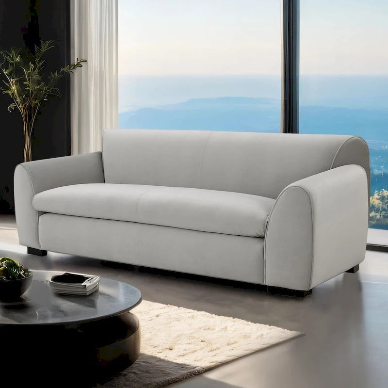 Divano moderno a panca con tessuto certificato OEKO-TEX, divano da salotto di metà secolo